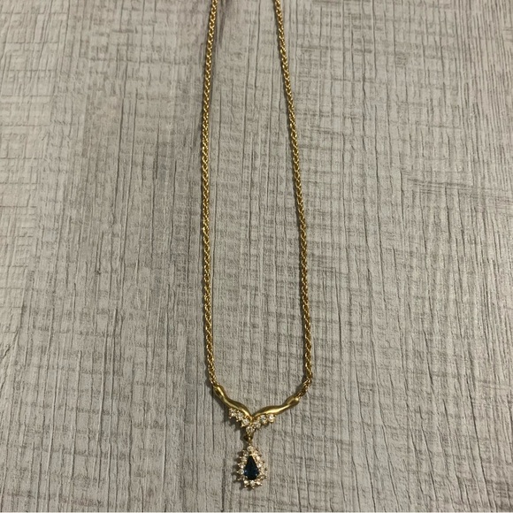 Vintage Roman Gold Tone Simulated Blue Sapphire Pendant Necklace - Picture 2 of 4